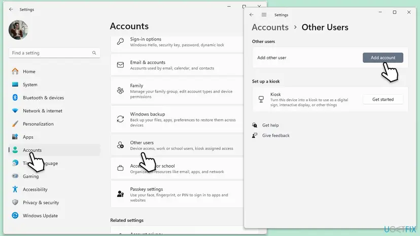 Windows 11 Settings on Accounts with Other users selected and the Other Users page with the Add account button highlighted