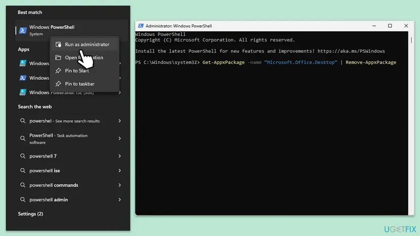 Windows search with Run as administrator on Windows PowerShell and an elevated PowerShell window with the Get-AppxPackage Microsoft.Office.Desktop and Remove-AppxPackage command
