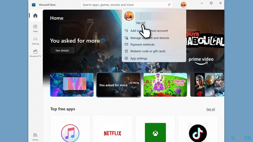 Microsoft Store on Windows 11 with the profile menu open and the Sign out link under the account picture, above Manage account and devices and Payment methods