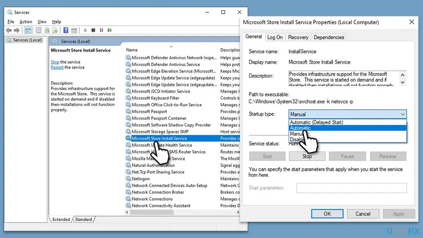 Services window with Microsoft Store Install Service selected and its properties open, showing the service name InstallService and the Startup type list
