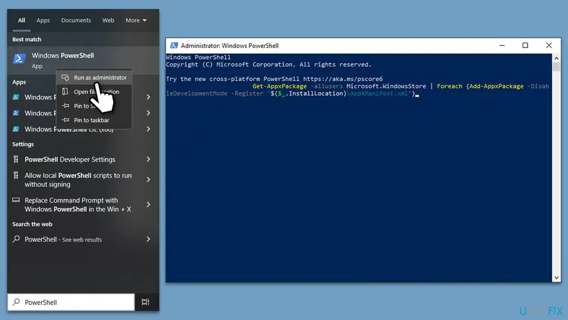 Windows search with Run as administrator for Windows PowerShell and an Administrator PowerShell window with the Get-AppxPackage command that re-registers the Microsoft Store