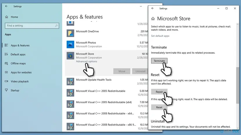 Windows 10 Apps and features with Advanced options under Microsoft Store and the Store settings page showing the Terminate, Repair and Reset buttons
