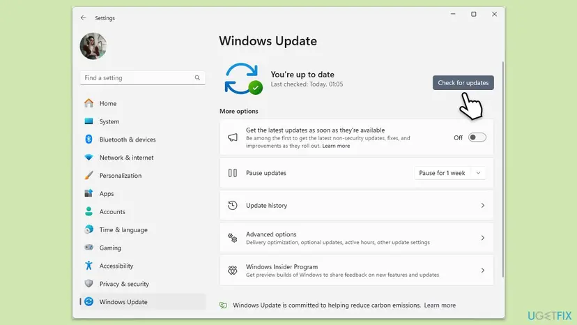 Windows 11 Settings, Windows Update page with the Check for updates button and the status You're up to date