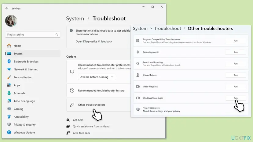 Windows 11 Settings, System, Troubleshoot, Other troubleshooters with the Run button next to Windows Store Apps