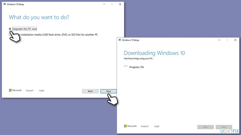 Windows 10 Setup window with Upgrade this PC now selected, and the next window downloading Windows 10 at 5 percent progress