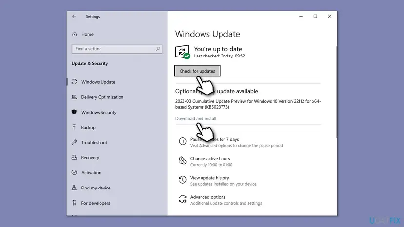 Windows 10 Settings on the Windows Update page with the Check for updates button and an optional cumulative update offered for download