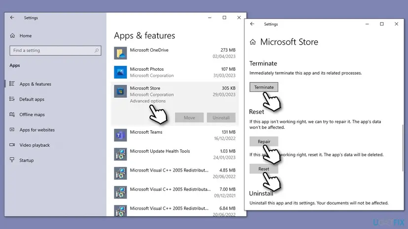 Windows 10 Apps and features list with Microsoft Store Advanced options, and its page with the Terminate, Repair and Reset buttons