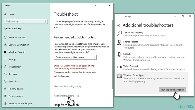 Windows 10 Settings, Update and Security, Troubleshoot, Additional troubleshooters with Windows Store Apps and the Run the troubleshooter button