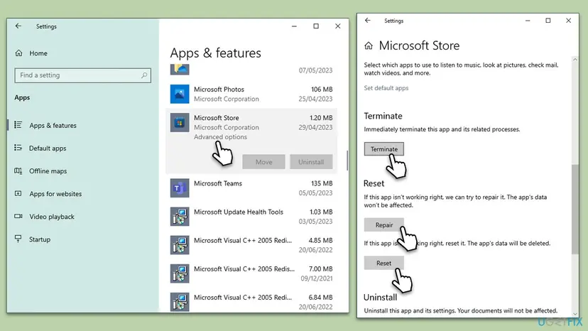 Windows 10 Apps and features list with Microsoft Store Advanced options, and its page with the Terminate, Repair and Reset buttons