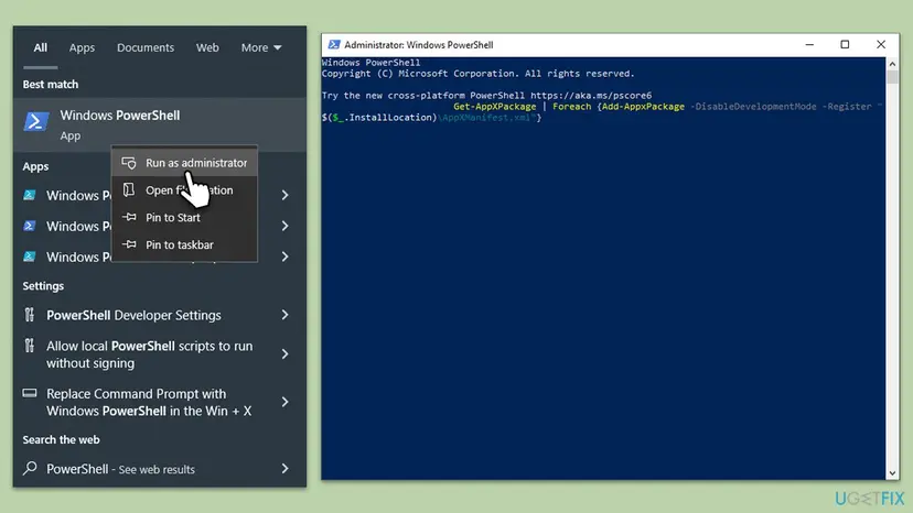 Windows PowerShell opened as administrator from search, with a Get-AppXPackage and Add-AppxPackage command typed at the prompt