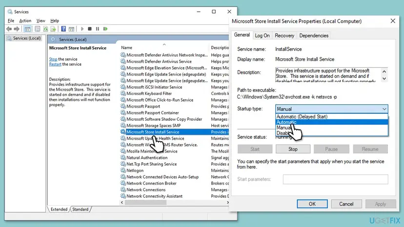 Services window with Microsoft Store Install Service selected and its Properties dialog showing the service name InstallService and the Startup type list