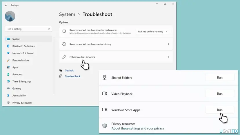 Windows 11 Settings, System, Troubleshoot page with Other trouble-shooters selected and the Windows Store Apps troubleshooter with its Run button