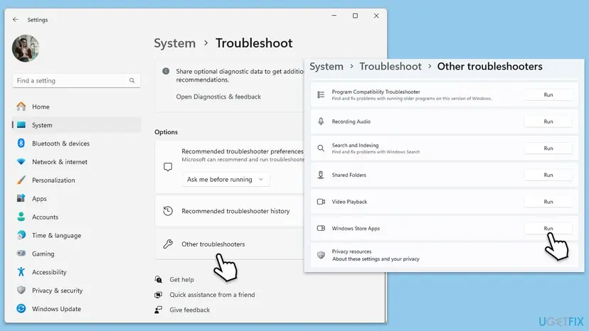 Windows 11 Settings, System, Troubleshoot page with Other troubleshooters selected and the Windows Store Apps troubleshooter with its Run button