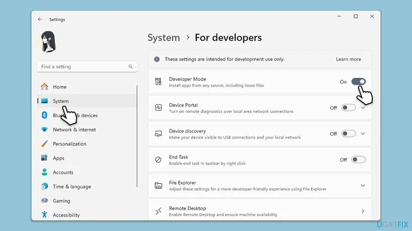 Windows 11 Settings, System, For developers page with the Developer Mode switch, Install apps from any source including loose files, turned on