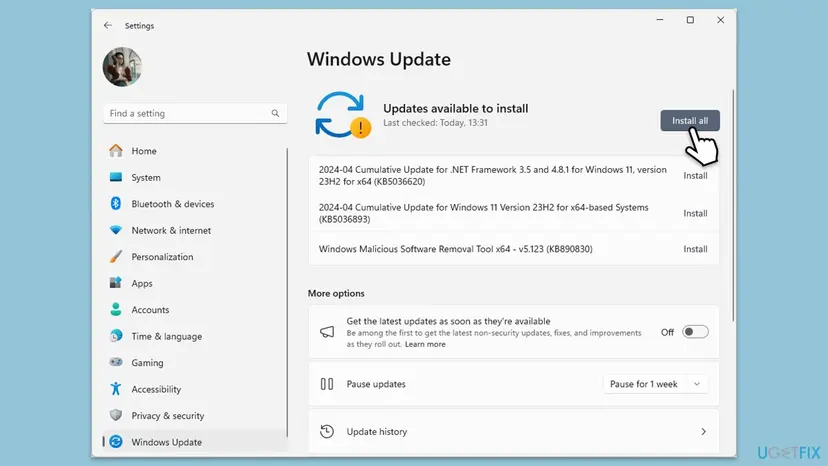 Windows 11 Settings Windows Update page with Updates available to install, three updates in the list and the Install all button marked