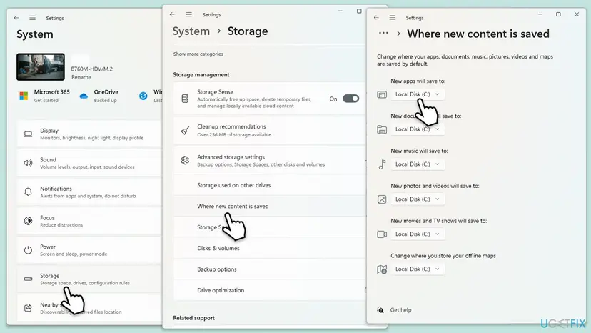 Windows 11 Settings path from System to Storage, Advanced storage settings, Where new content is saved, with New apps will save to set to Local Disk C