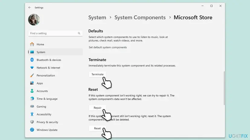 Windows 11 Settings at System, System Components, Microsoft Store with the Terminate, Repair and Reset buttons marked