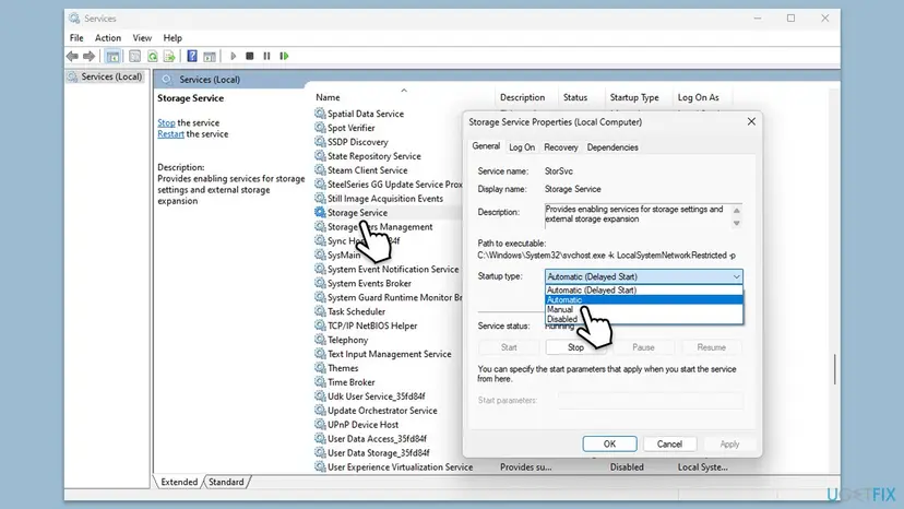 Windows Services window with Storage Service selected and its Properties dialog showing the Startup type list with Automatic, Manual and Disabled