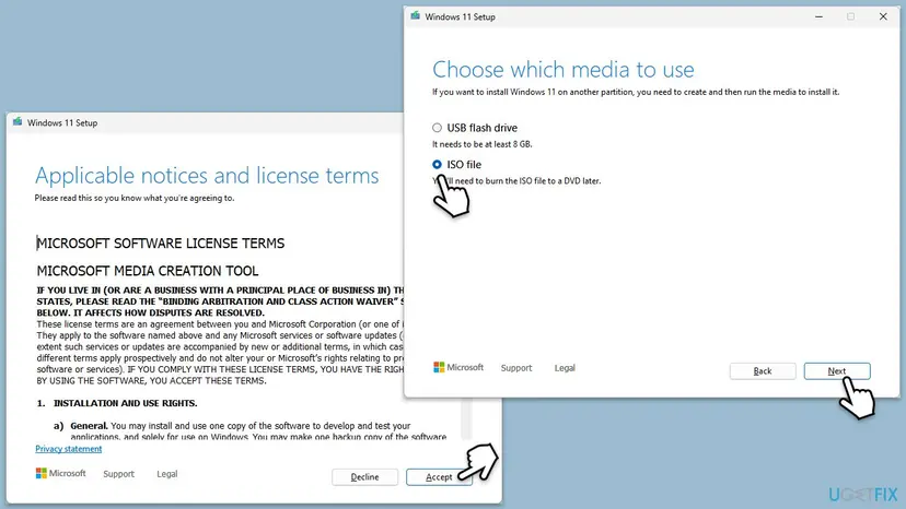 Windows 11 Setup from the Media Creation Tool with the license terms Accept button and the Choose which media to use screen with ISO file selected