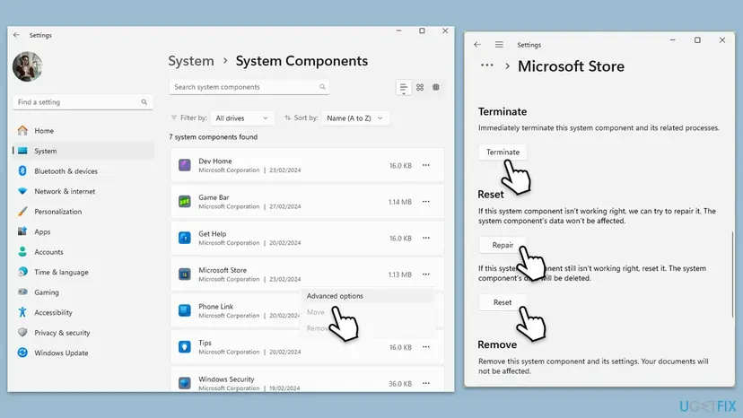 Windows 11 Settings, System Components list with Advanced options for Microsoft Store, next to the Store page with the Terminate, Repair and Reset buttons