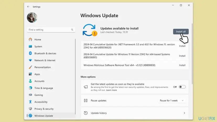Windows 11 Settings, Windows Update page with Updates available to install, a list of cumulative updates and the Install all button
