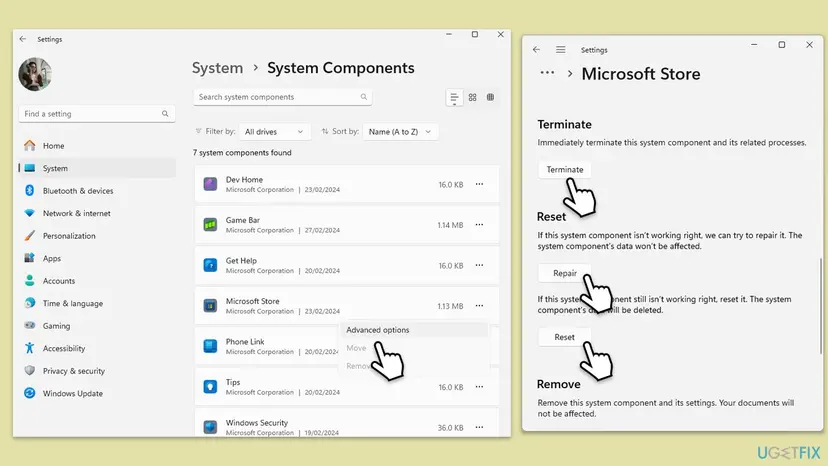 Settings System Components list with Advanced options for Microsoft Store, next to the Store page with the Terminate, Repair and Reset buttons