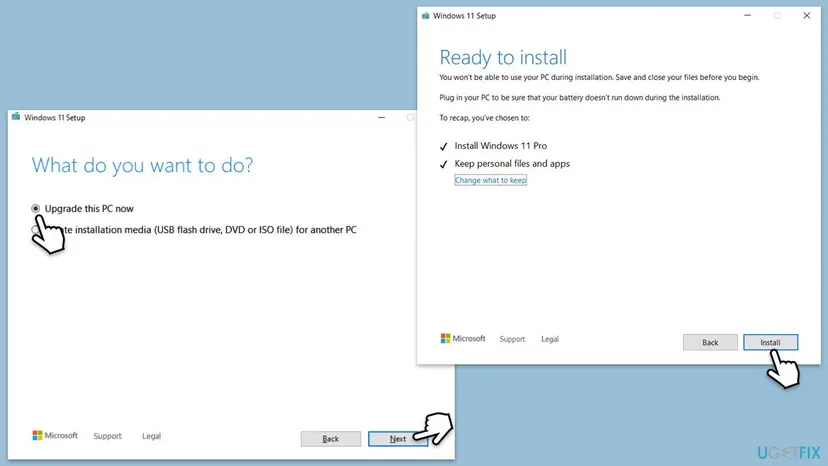 Windows 11 Setup with Upgrade this PC now selected, next to the Ready to install screen showing Install Windows 11 Pro and Keep personal files and apps