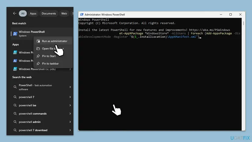 Start search with Windows PowerShell and Run as administrator, next to an administrator PowerShell window with the Store re-register command