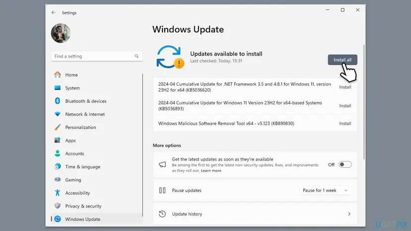 Windows 11 Windows Update settings page with a list of available updates and the Install all button