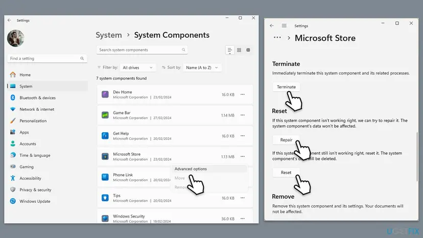 Windows 11 Settings with the Microsoft Store advanced options page showing the Terminate, Repair and Reset buttons