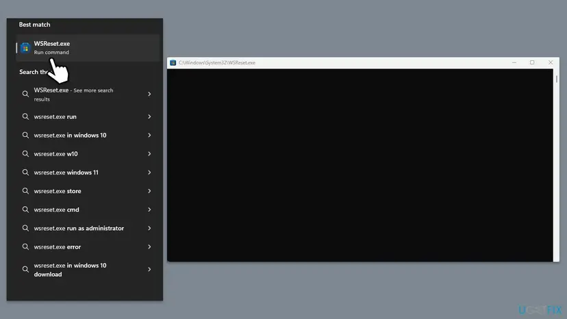 Windows search with the WSReset command result and a blank Command Prompt window that clears the Microsoft Store cache