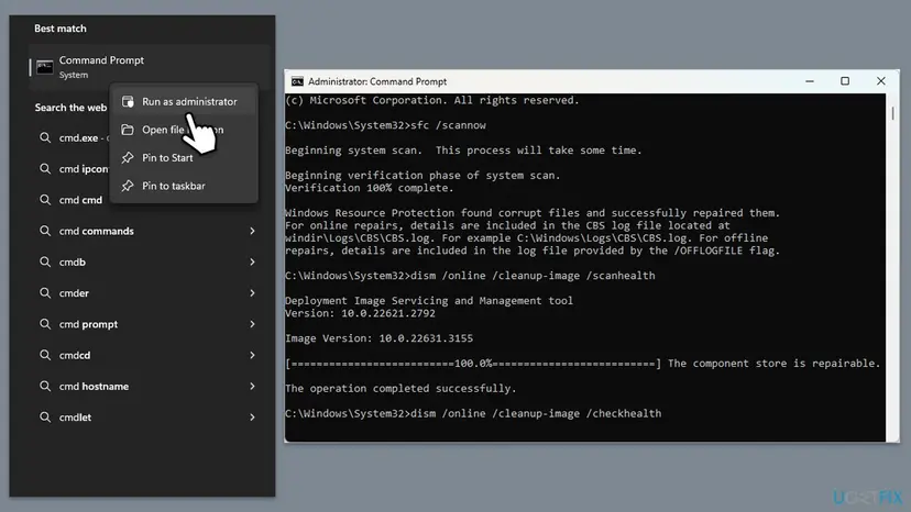 Command Prompt opened as administrator running the sfc scannow and DISM RestoreHealth commands