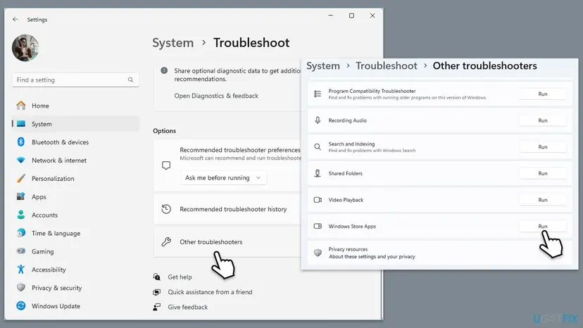 Windows 11 Settings, System, Troubleshoot, Other troubleshooters page with the Run button next to Windows Store Apps