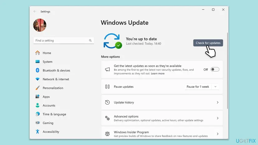 Windows 11 Settings, Windows Update page with You are up to date and the Check for updates button marked