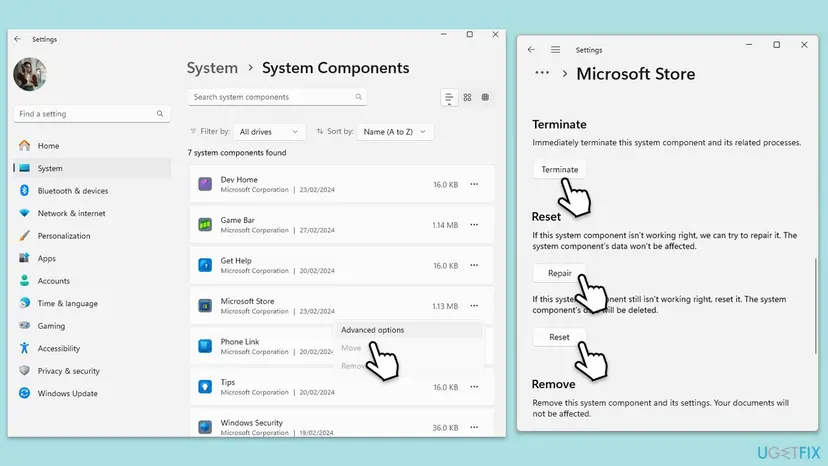 Windows 11 Settings, System Components with Advanced options of Microsoft Store and the Store page showing Terminate, Repair and Reset buttons