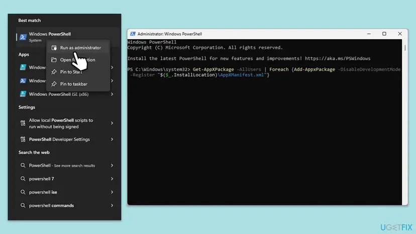 Windows search with Run as administrator selected for Windows PowerShell next to an Administrator Windows PowerShell window ready for a command