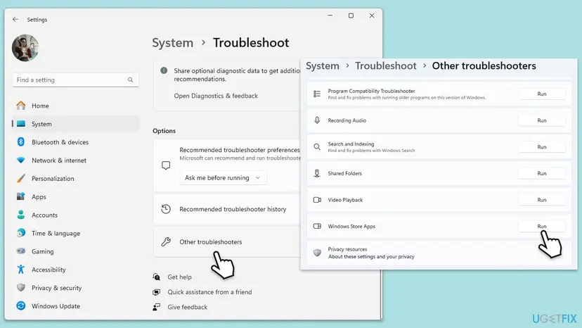 Windows 11 Settings, System, Troubleshoot with Other troubleshooters selected and the Windows Store Apps entry with its Run button