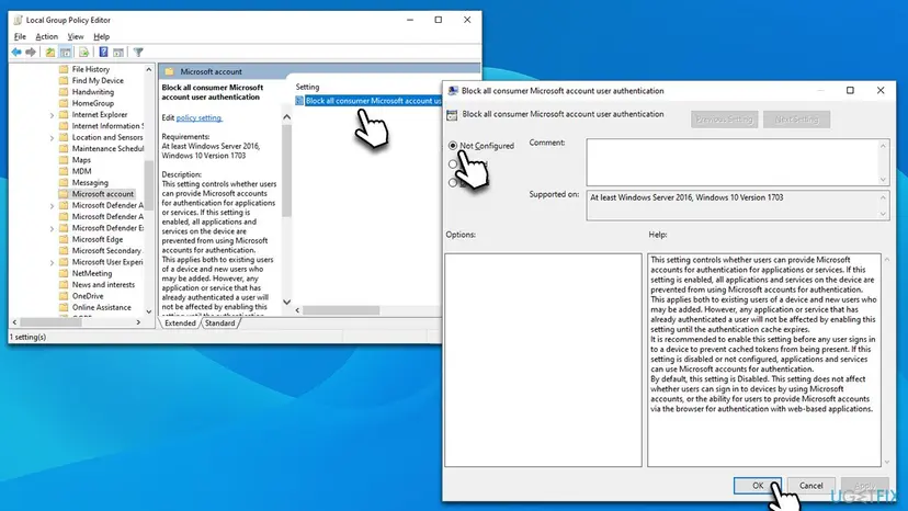 Local Group Policy Editor open at Windows Components, Microsoft account, with the Block all consumer Microsoft account user authentication dialog set to Not Configured