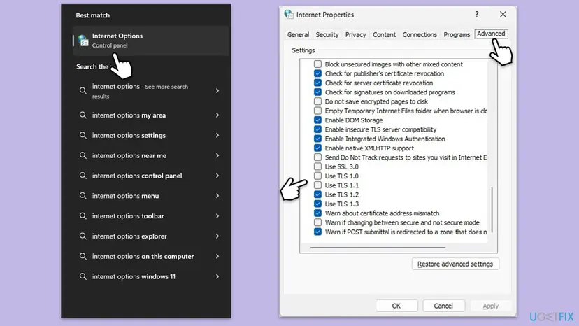 Windows 11 search result for Internet Options next to the Internet Properties Advanced tab, with Use TLS 1.2 and Use TLS 1.3 ticked and SSL 3.0, TLS 1.0 and TLS 1.1 cleared