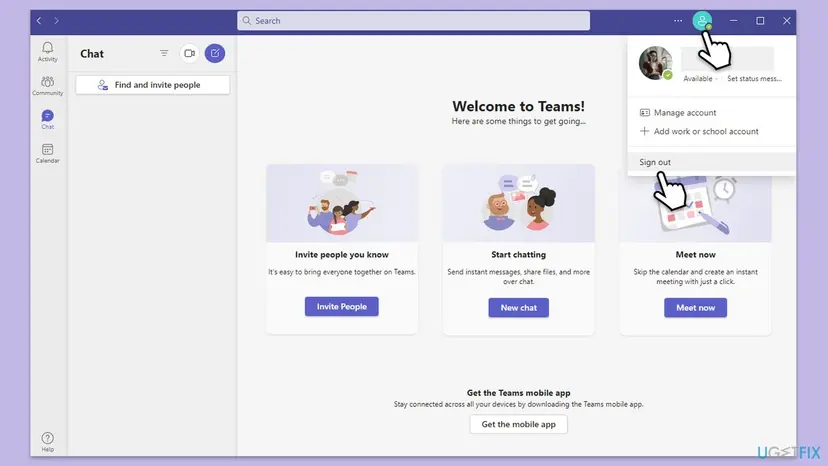 New Microsoft Teams window with the profile menu open at the top right, showing Manage account, Add work or school account and Sign out