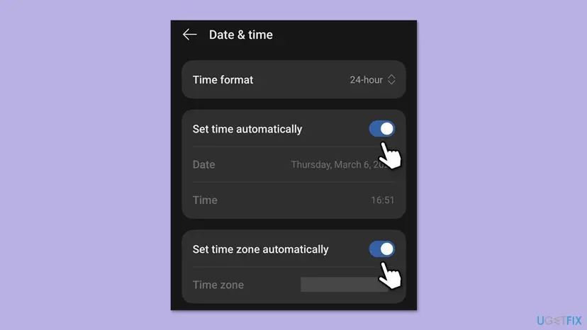 Android Date and time settings with the switches Set time automatically and Set time zone automatically turned on