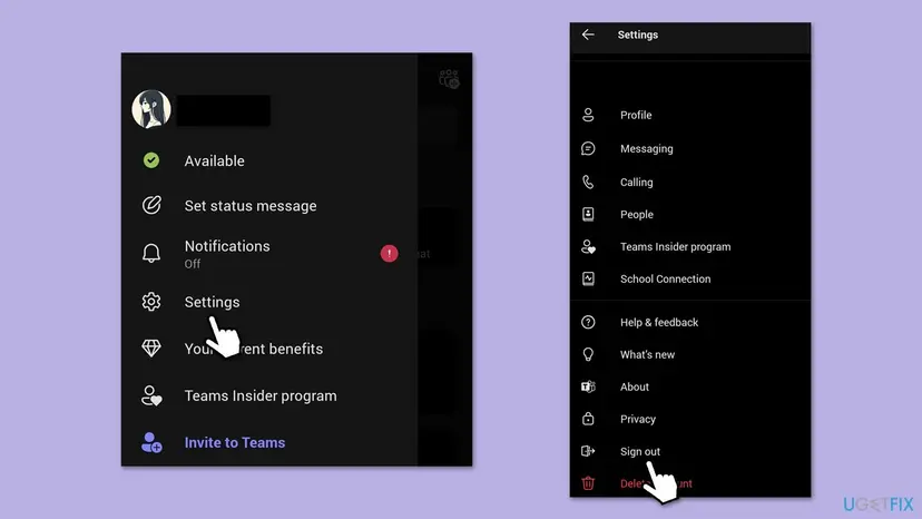 Teams for Android: the profile menu with Settings, and the Settings list with Sign out near the bottom