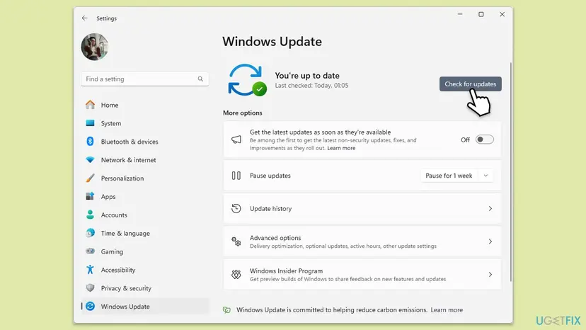 Windows 11 Settings on the Windows Update page saying You're up to date, with the Check for updates button highlighted