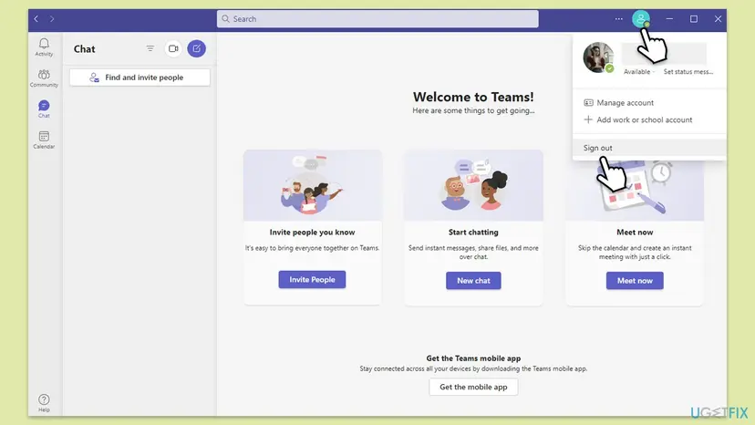 New Microsoft Teams window with the profile menu open under the profile picture, showing Manage account, Add work or school account and Sign out