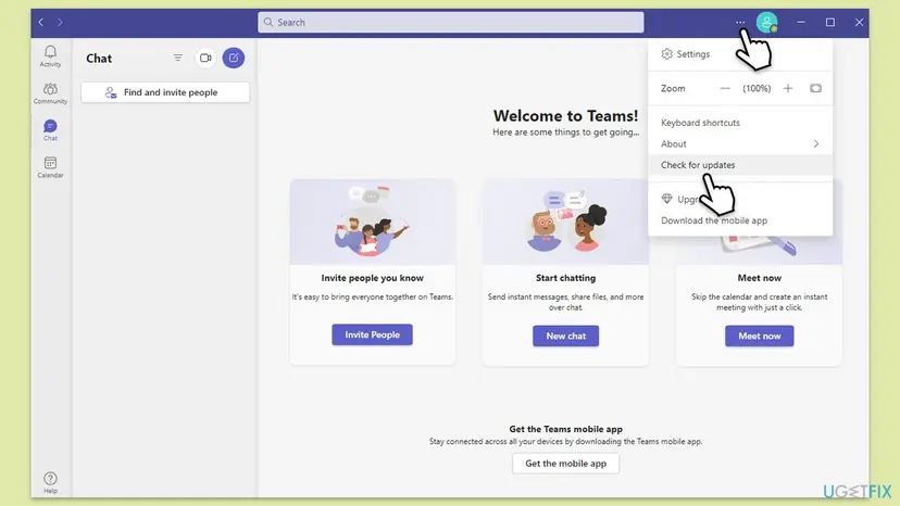 New Microsoft Teams with the Settings and more menu open and Check for updates highlighted below Keyboard shortcuts and About