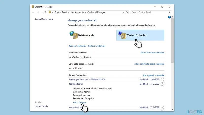 Credential Manager in Control Panel with Windows Credentials selected and a Teams generic credential expanded, the Remove link highlighted