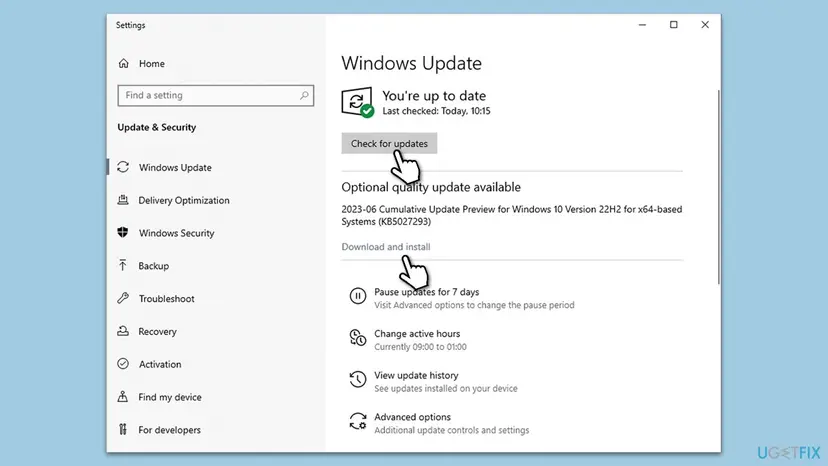 Windows 10 Settings on the Windows Update page with the Check for updates button and an optional quality update offered for download