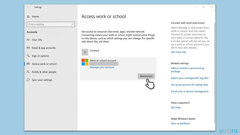 Windows Settings at Accounts, Access work or school, with a work or school account expanded and the Disconnect button highlighted