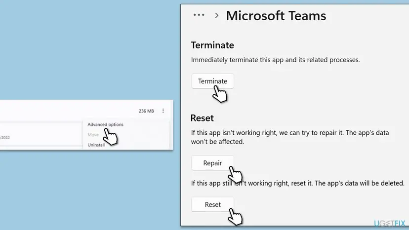 Advanced options of Microsoft Teams in Windows 11 Settings with the Terminate, Repair and Reset buttons and the Advanced options menu entry