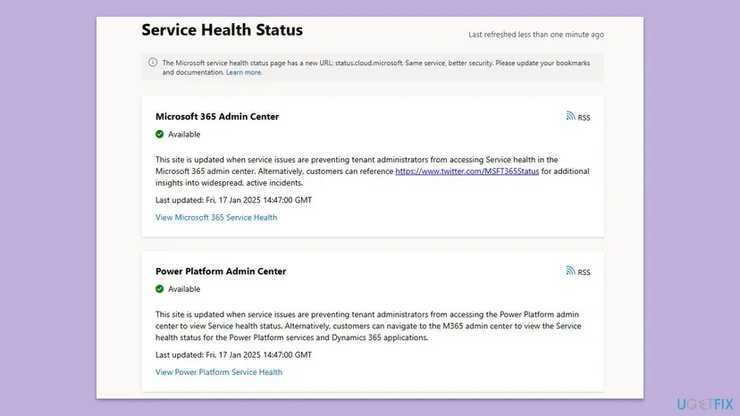 Microsoft's public Service Health Status page with the Microsoft 365 Admin Center and Power Platform Admin Center both marked Available